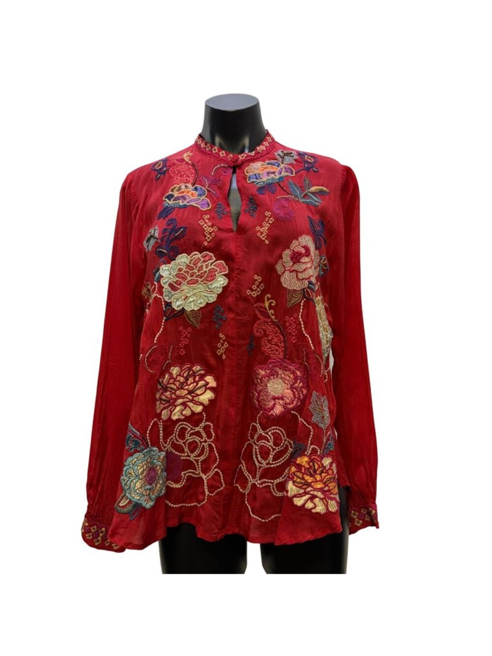 Johnny Was Red Multi Embroidered Floral Long Sleeve Blouse Size S